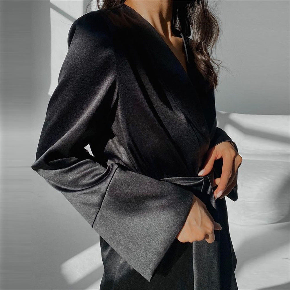 Luxury Satin Pantsuit Set – Elegant Blazer & Wide-Leg Trousers in Emerald Green and Black Satin Casual Two Piece Satin Loose Cardigan Pajama Set