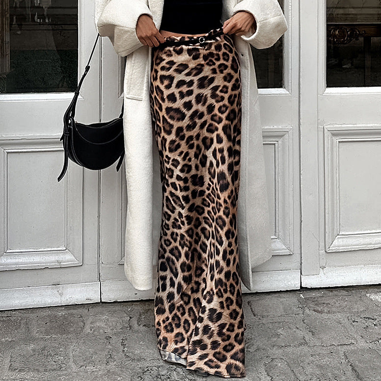 Leopard Print Satin Fishtail Skirt For Women's