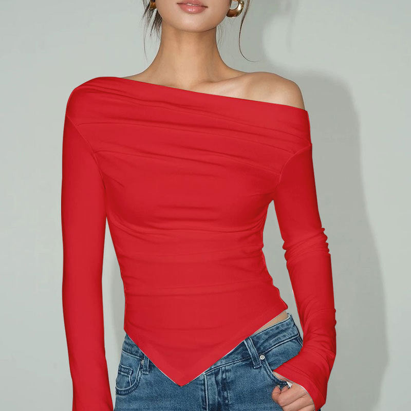 Scarlet Edge Off-Shoulder Top – Sleek, Bold & Flattering Women's Top Korean Style Slim-fitting Cool Top For Women