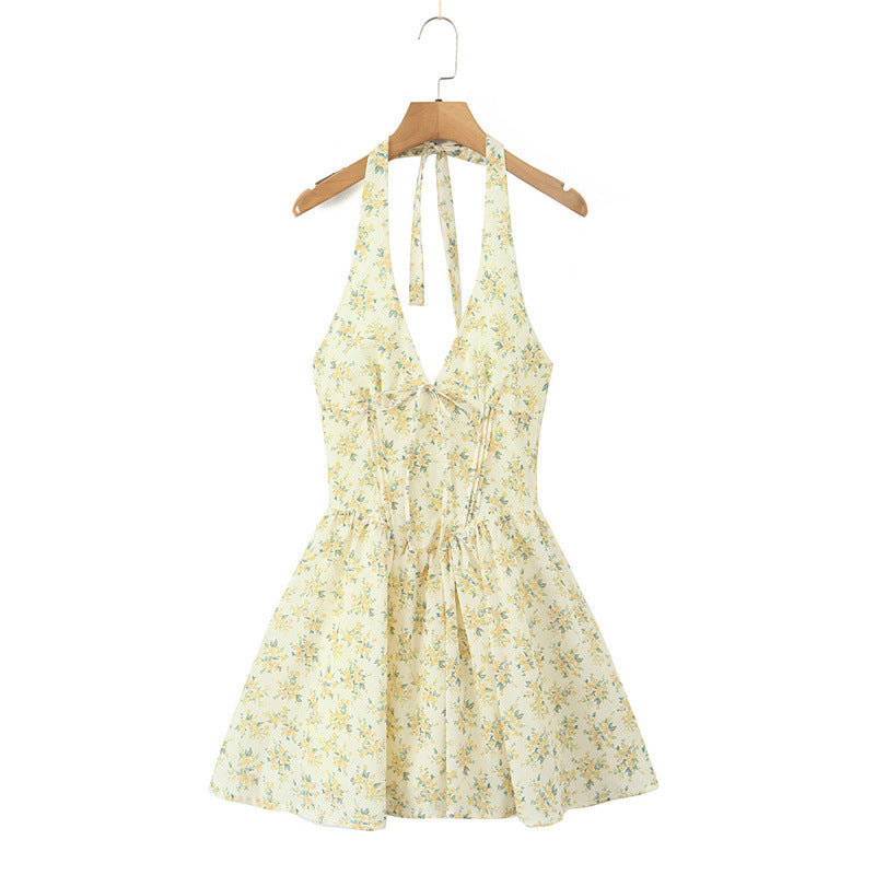 Sweet Pastoral Style Halter Backless Sexy Mini Dress Women