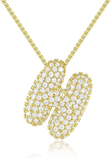Custom Initial Necklace | Sparkle Alphabet Pendant Brass Zircon Balloon English Letter Necklace