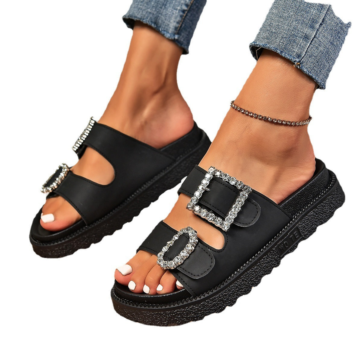 Versatile Everyday Platform Slide Sandals Fashion Rhinestone Belt Buckle Platform Sandals