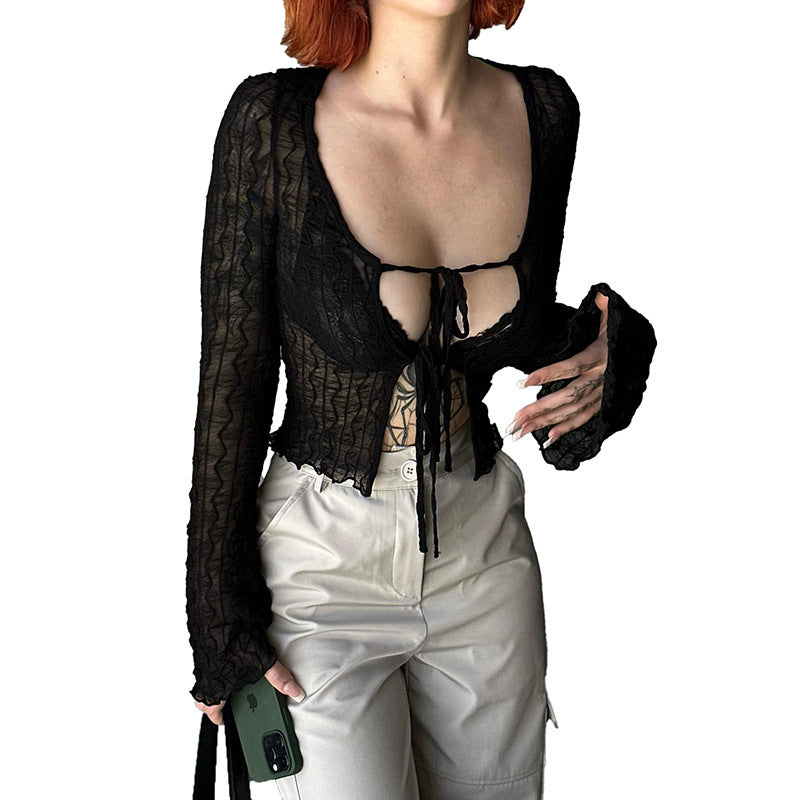 Trendy Sheer Knit Tie Front Crop Top Fashionable Retro Style Mesh Top