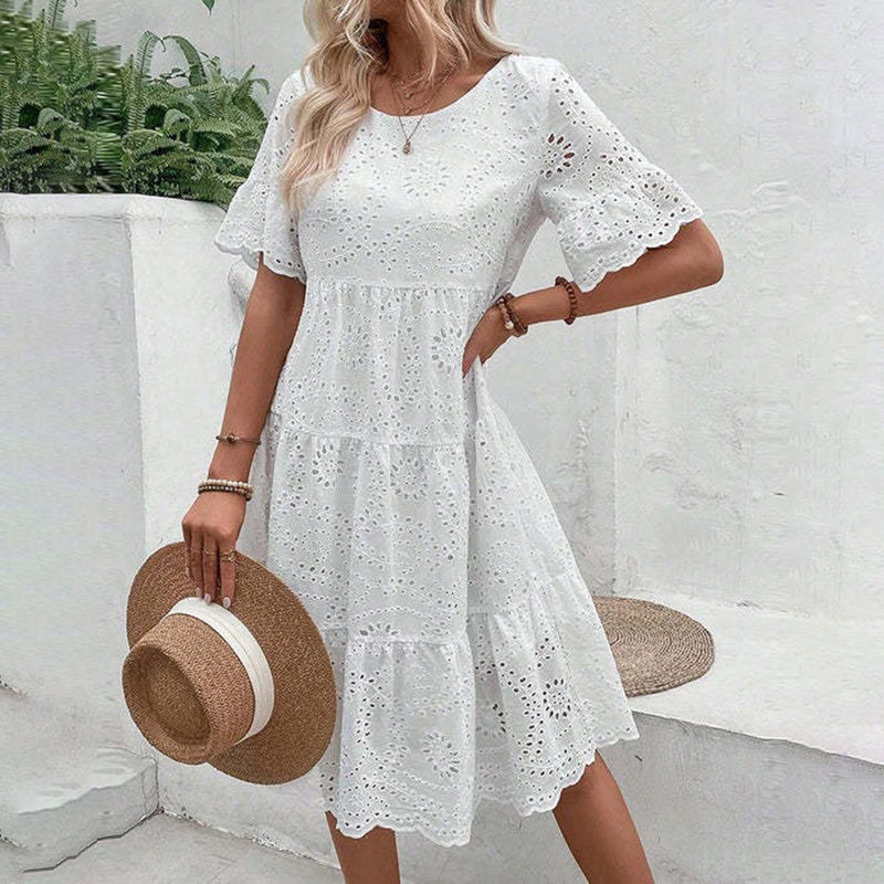 Round Neck Embroidered Lace Short Sleeve A-Line Elegant Summer Vacation Dress