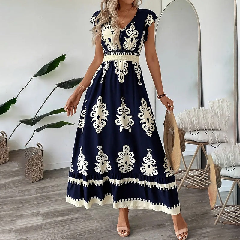 Summer Flowy Maxi Dress Casual Cap Sleeve V Neck Smocked Waist Beach Sundress