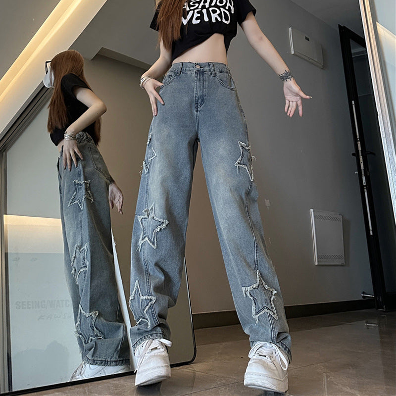Distressed Star Patch Jeans – Urban Grunge Denim Statement Blue XINGX Embroidered Jeans Women Loose Straight-leg Wide-leg Pants