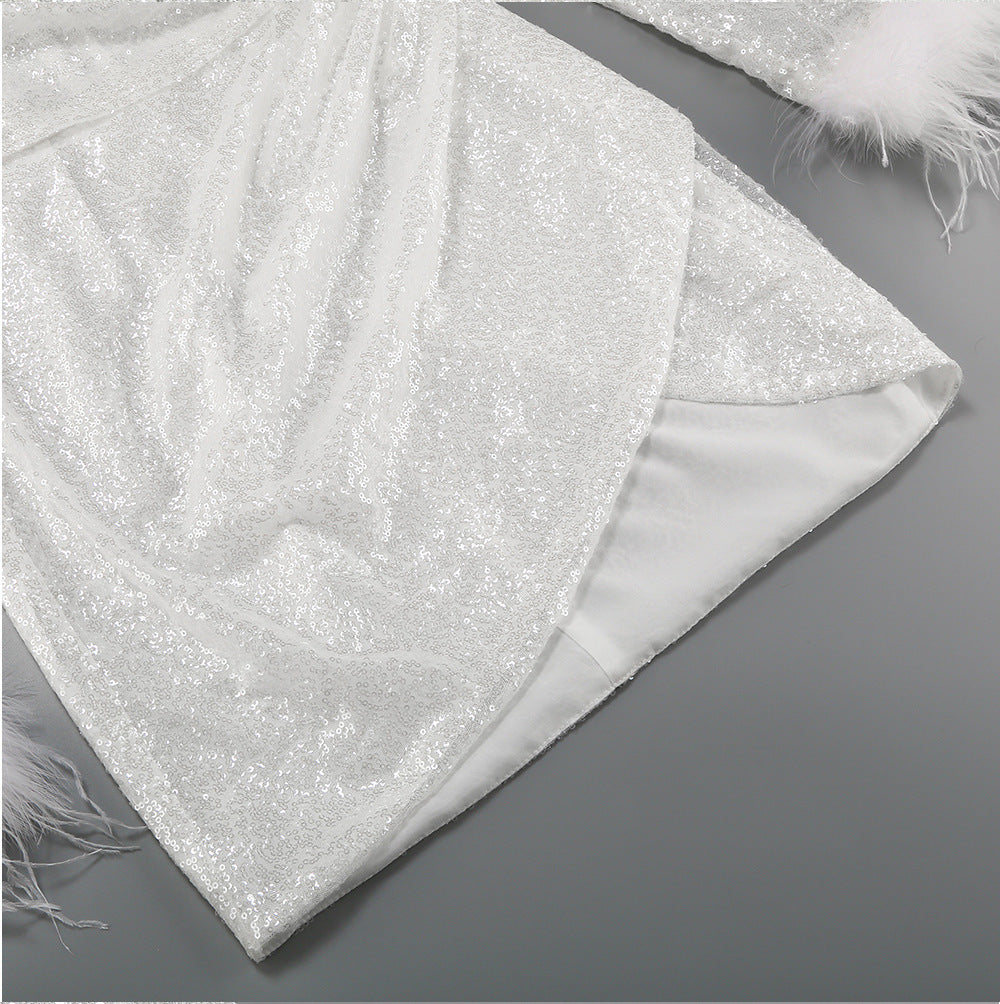 Sequined Cuff Decorative Feather Skirt Slim Fit Irregular Dress Women