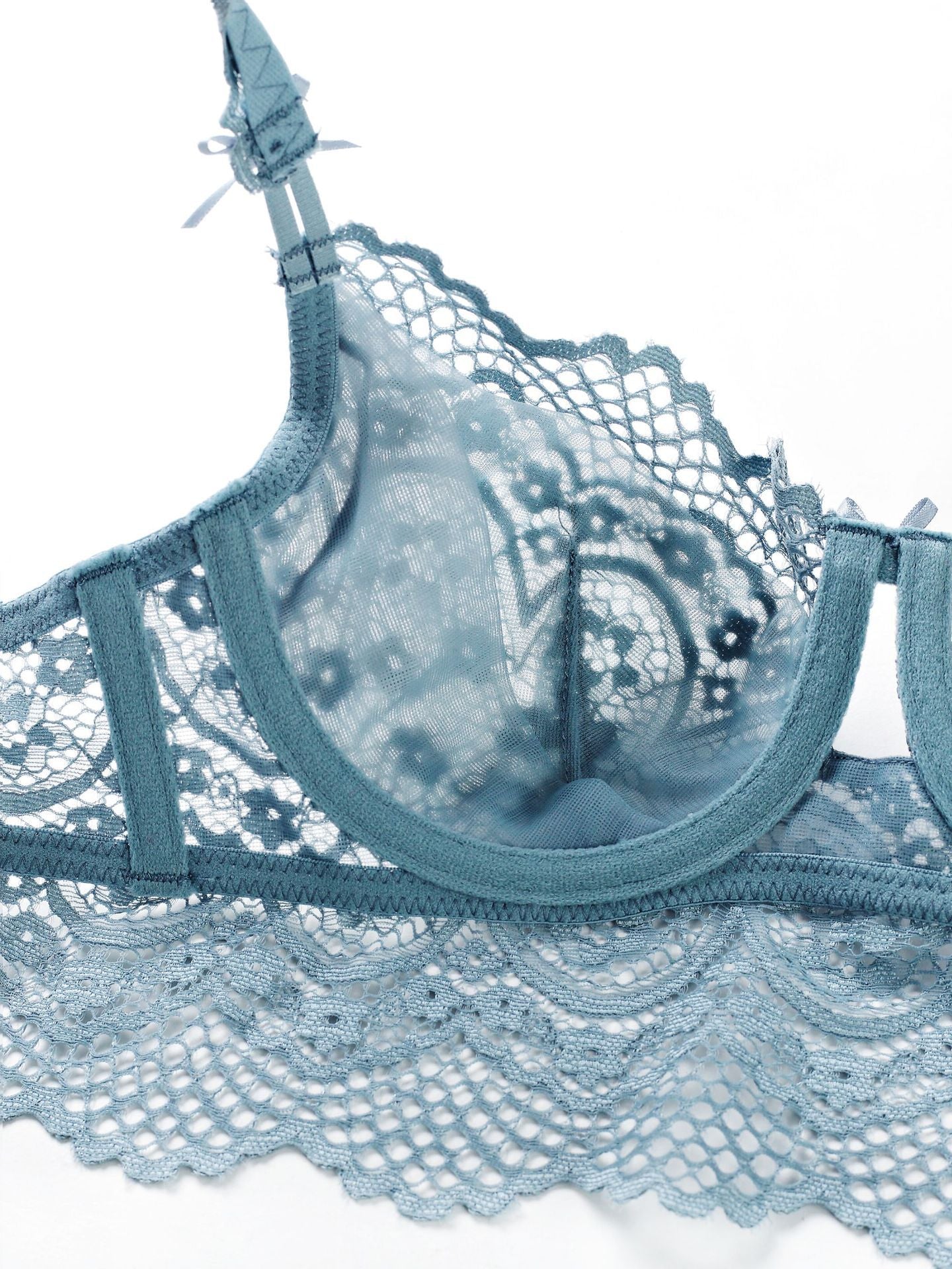 Sexy Sheer Mesh & Floral Lace Elegant Sleeveless Mesh & Lace One-Piece Lingerie Blue Ladies Bra And Panties Set