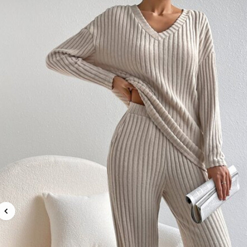 Women's 2-Piece Set Solid Color V-Neck Long Sleeve Top & Straight Leg Pants, Ribbed Texture Outfit For Fall&Winter