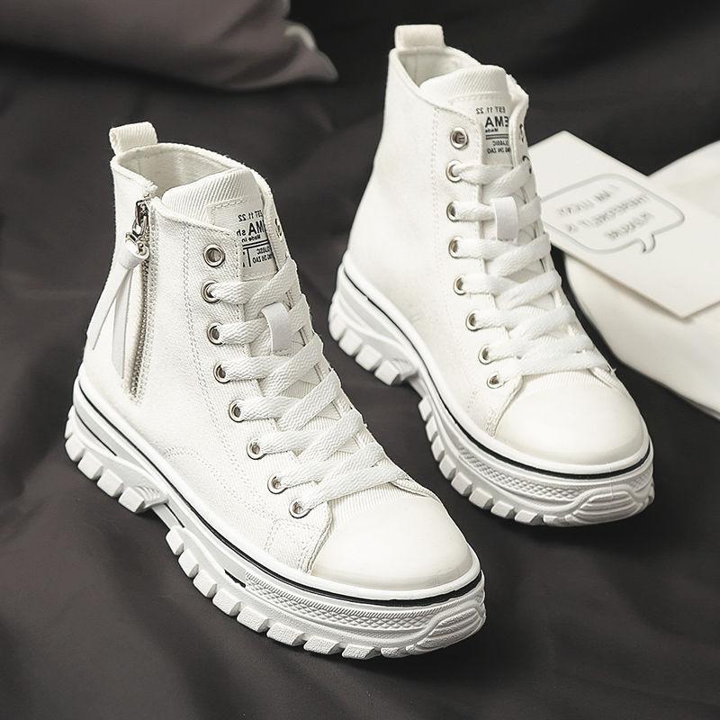Trendy Platform High-Top Sneakers | Side Zip & Lace-Up Fashion Shoes Spring New High-top Canvas Korean Black Martin Boots