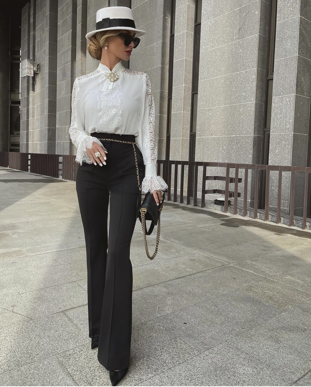 Women's Lace Patchwork Top Solid[; Color Shirt Long Sleeve