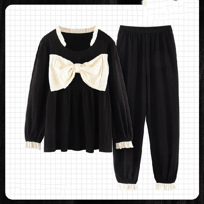 Sweet Ruffled Long Sleeve Pajama Set with Bow Detail Palace Pajamas Women Spring And Autumn Korean Style Cotton Long Sleeves