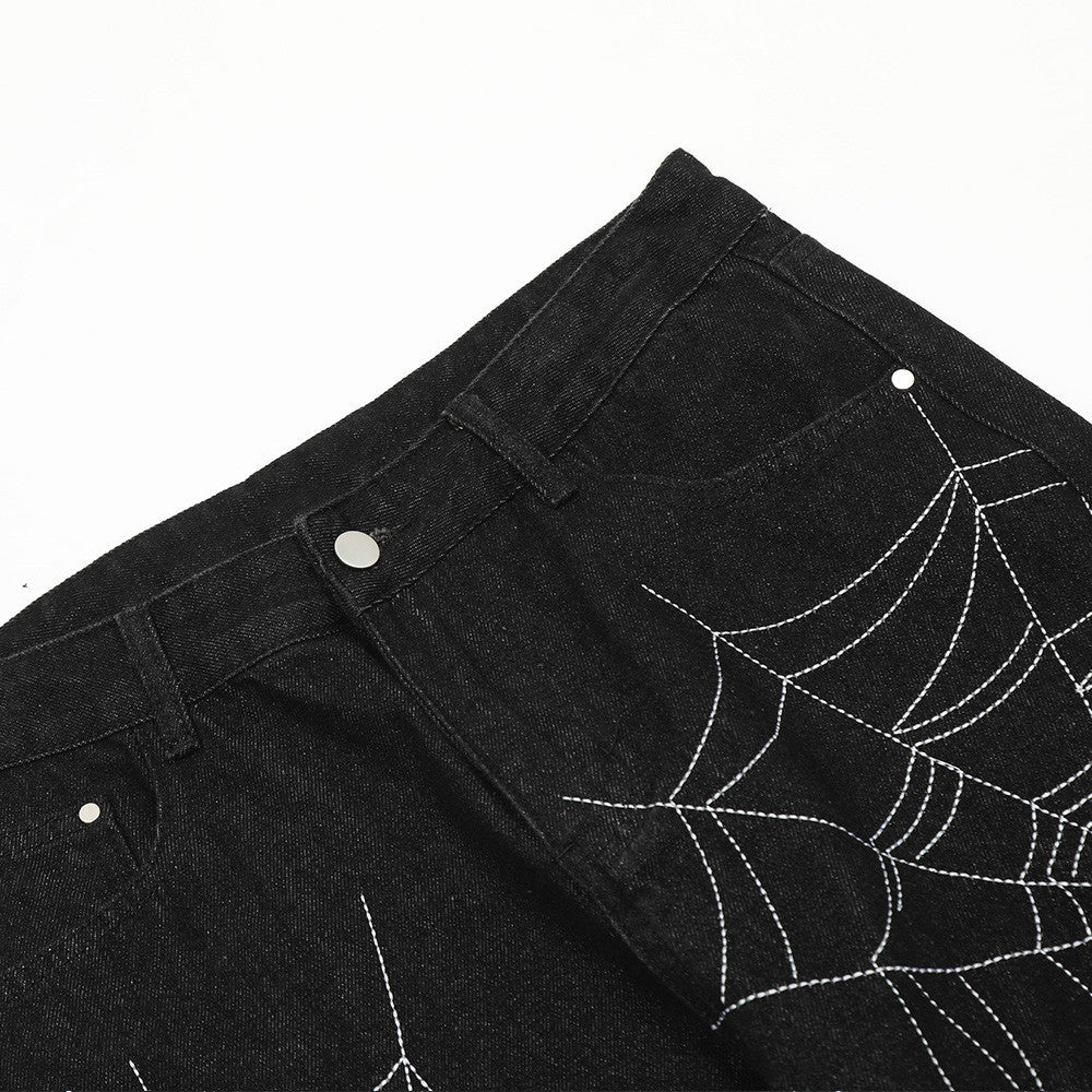 Webbed Edge – Black Denim with Spider Stitch Detail Spider Web Straight Jeans For Men And Women