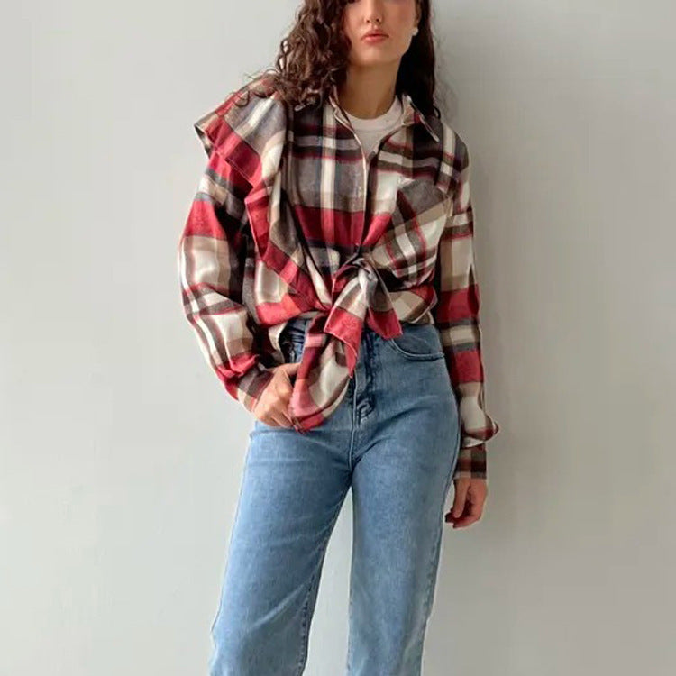 Plaid Lapel Long Sleeve Cardigan Shirt For Women's