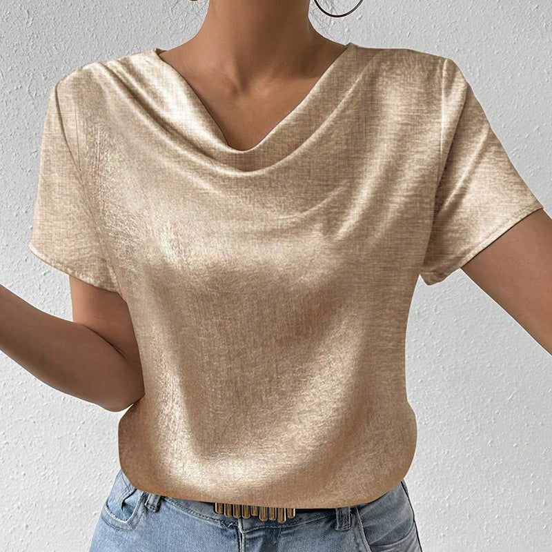 Cowl Neck Short Sleeve Top, Solid Color Loose Fit Summer Office Casual Shirt