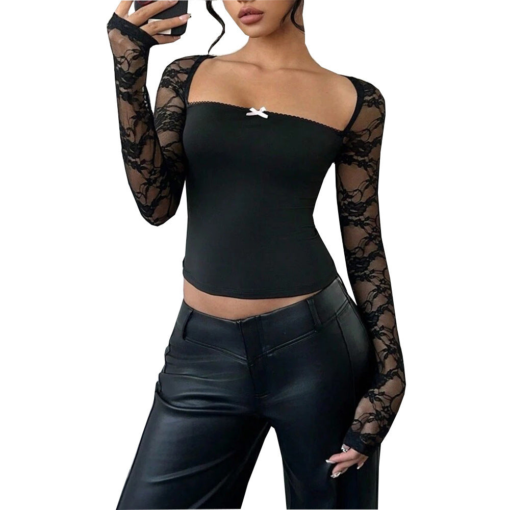 Slim Fit Black Sweetheart/Square Neck Top with Sheer Sleeves Trendy Lace Long Sleeves Cropped Slim Top