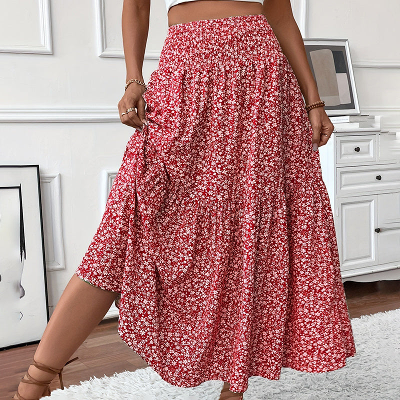 Boho Floral Maxi Skirt - High Elastic Waist, Pleated A-Line Long Skirt