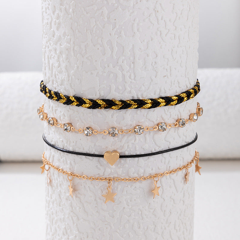 Summer Beach Foot Jewelry with Heart Charm Korean Style Alloy Diamond XINGX Pendant Anklet Four-piece Set