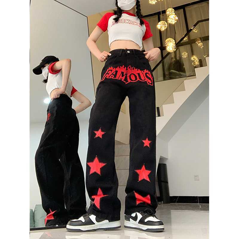 Y2K Famous Star Print Baggy Pants – Black Wide Leg Streetwear Jeans Red Star Letters Jeans For Women High Waist Casual Trousers
