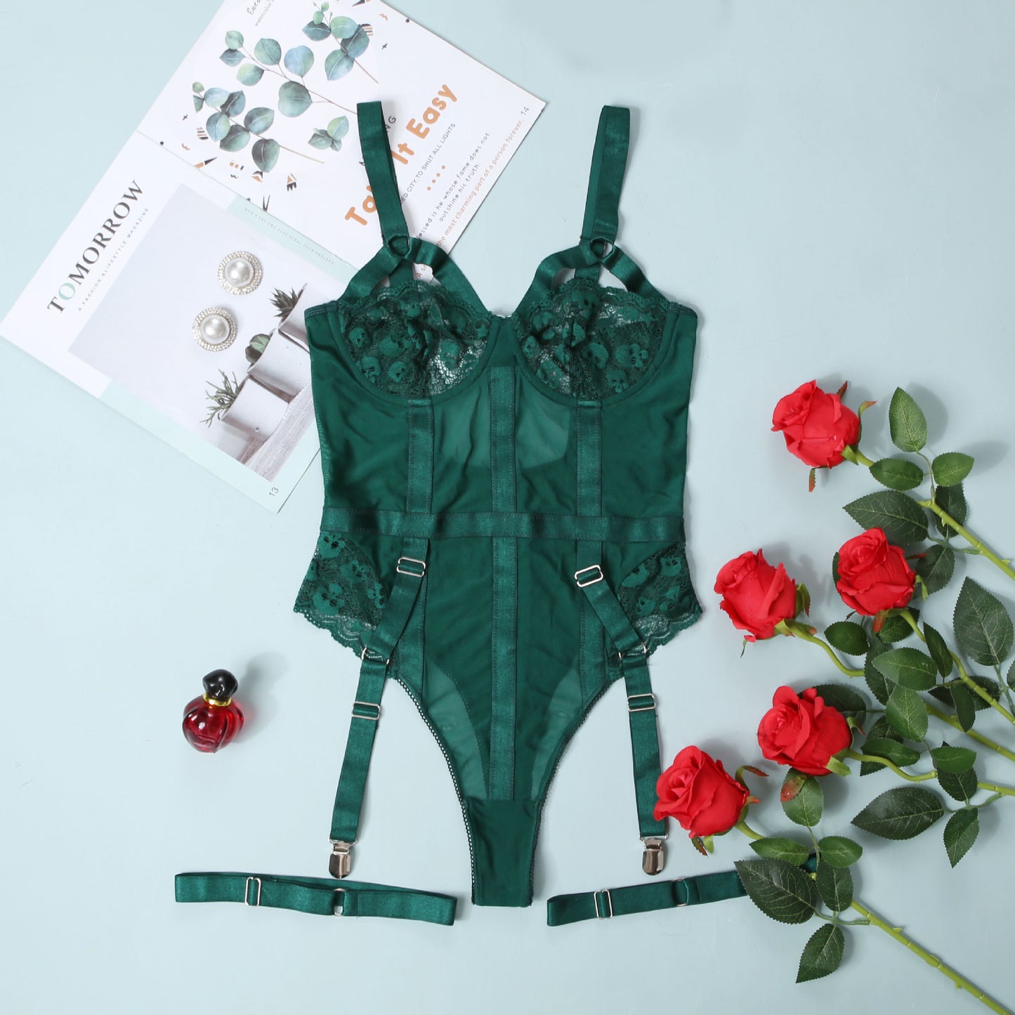 Lace Bodysuit with Garter Belt - Sheer One Piece Lingerie Lace Sexy Nightclub Outfit Jumpsuit