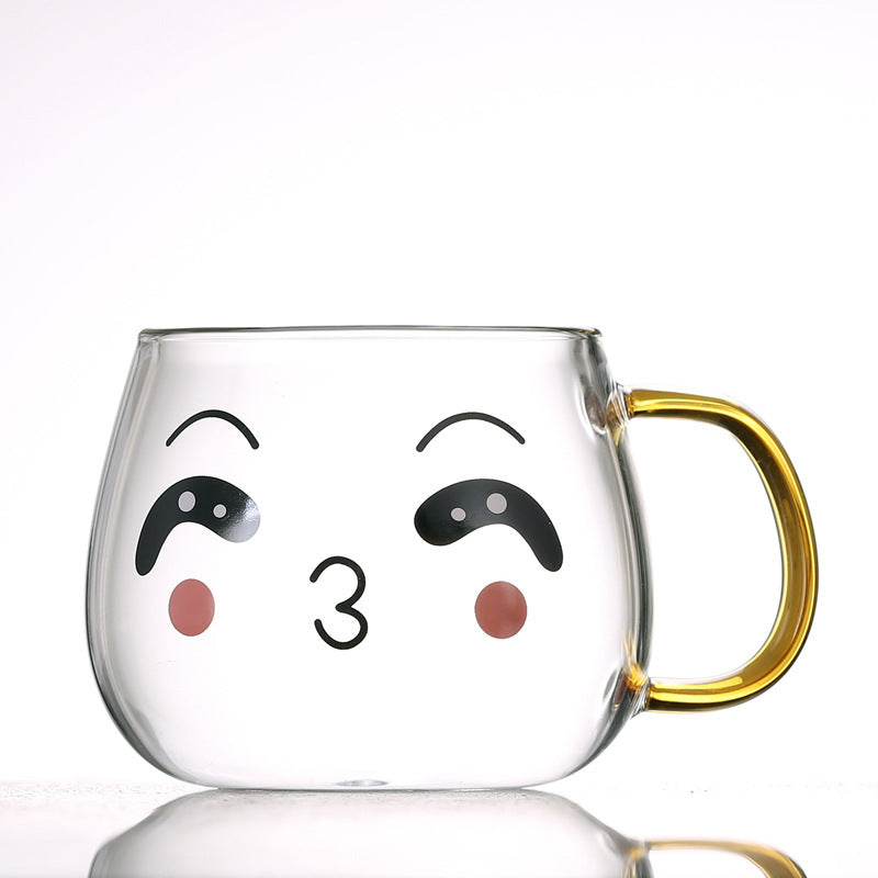 Cute Kawaii Emoji Glass Mug with Gold Handle Cute Glass Expression Coffee Cup Mug