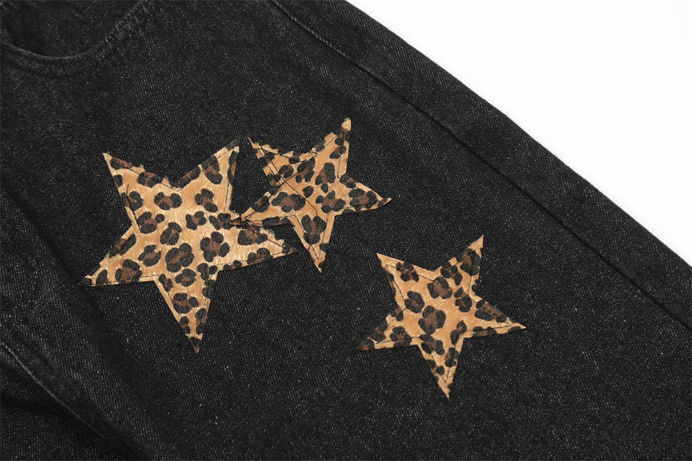 Leopard Star Patch Wide-Leg Jeans – Y2K Statement Denim Leopard Print Five-pointed Star Jeans For Men And Women