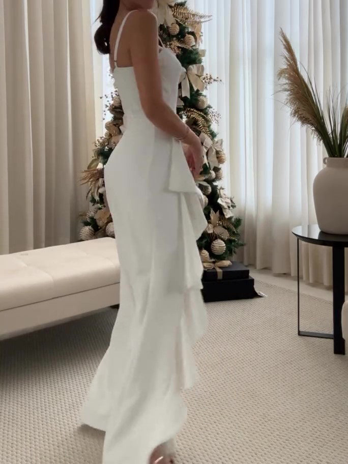 Elegant White Draped Detail Bodycon Gown with High Split White Ruffled Slit Suspender Dress