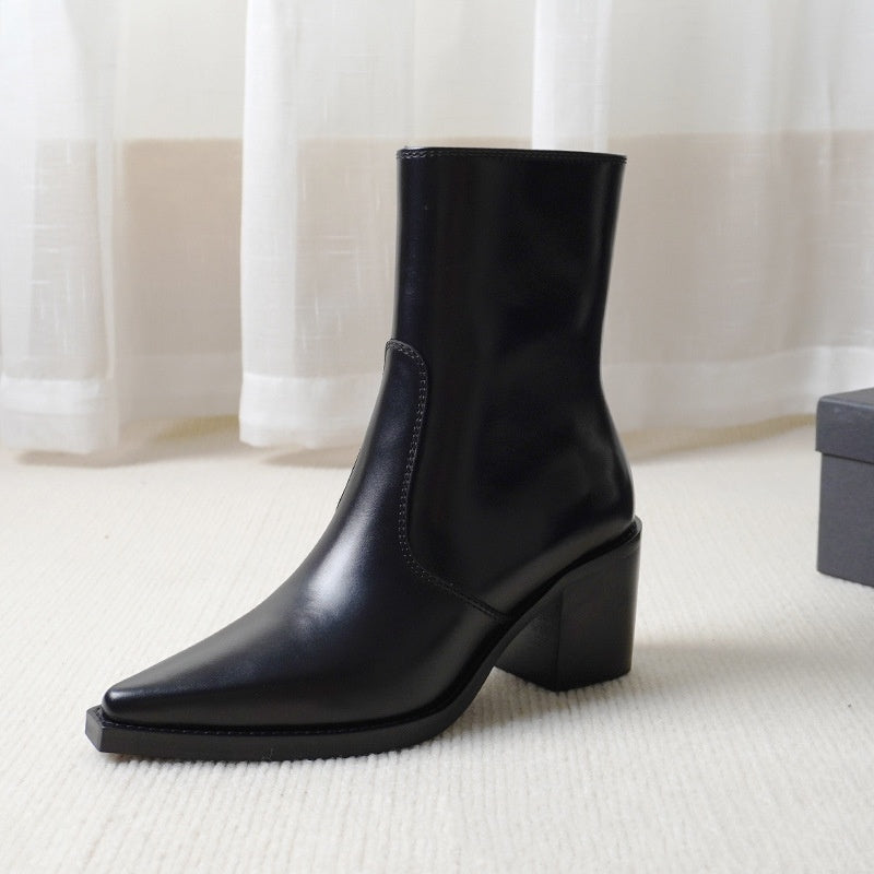 Autumn And Winter Genuine Leather Chunky Heel Martin Boots Ankle Boots
