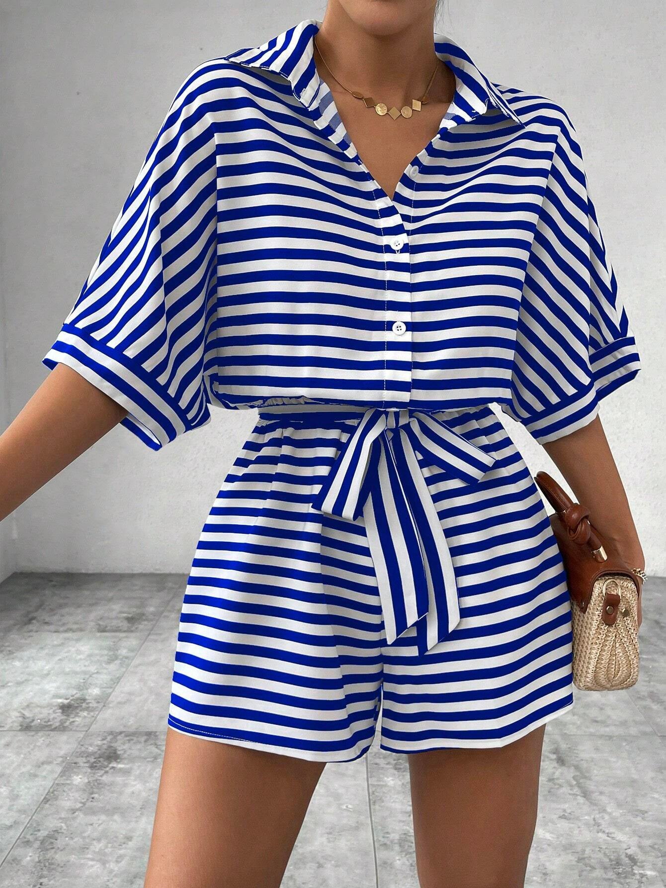 Striped Lapel Cardigan Button Half Sleeve Belt Shorts Suit Jumpsuit For Women's