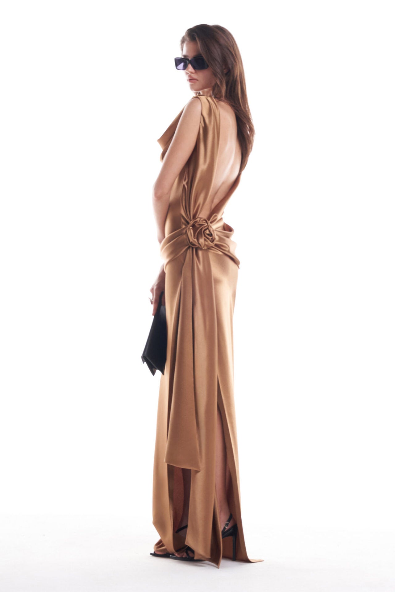 Chic & Sexy Draped Cowl Neck Sleeveless Party Dress (White/Champagne) High Quality Satin Dignified Flowers Dress Split Dress