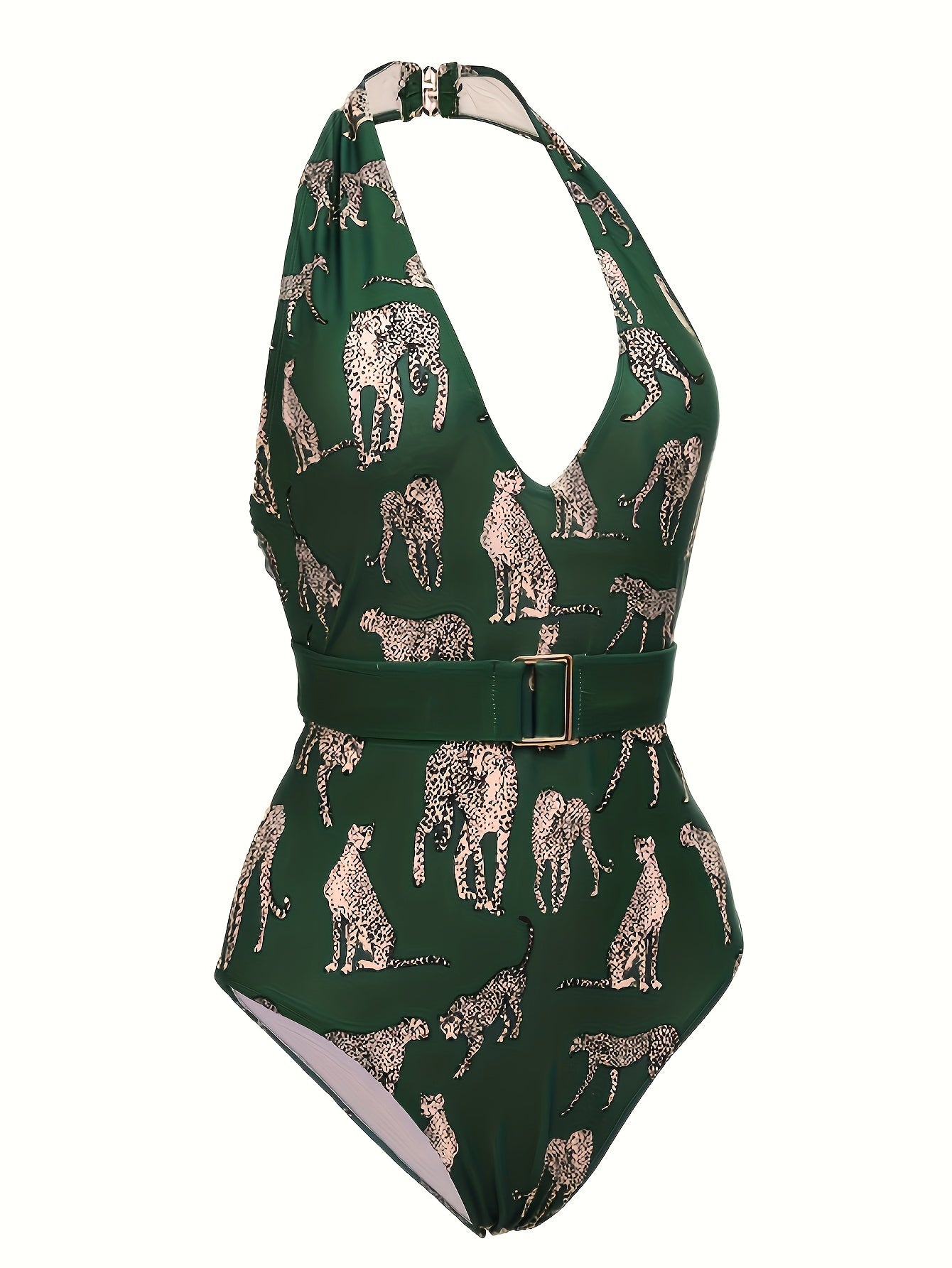 One-piece Swimming Suit With Belt, Leopard Print, With Neck Tie, Back Exposed, One-piece Swimsuit In Beach Style