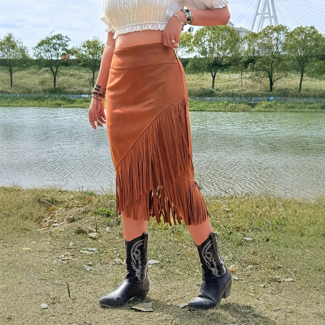 Fashionable Casual Solid Color Asymmetrical Tassel Hem A-line Skirt
