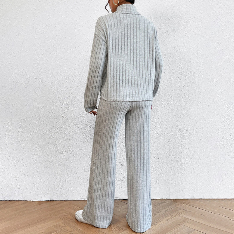 Solid Color 2-Piece Set High Neck Long Sleeve Top & Pants, Striped Loungewear