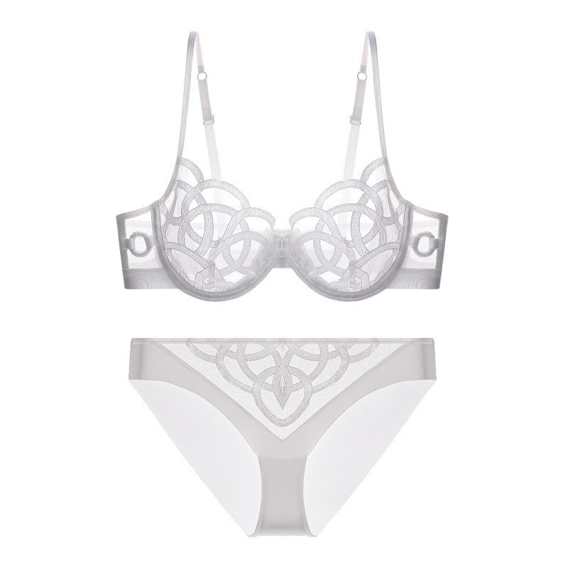 Abstract Embroidery Lingerie Set - Sheer Mesh Underwire Bra & Panty Women's Push Up Bra Ultra-thin Breathable Mesh Embroidery Bra Set