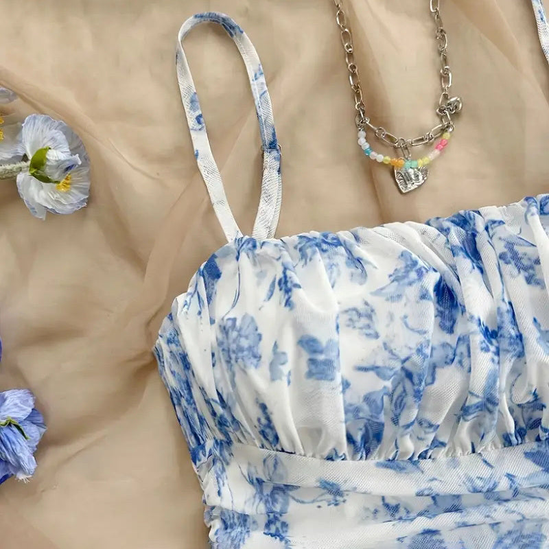 Boho Floral Print Mini Dress Spaghetti Strap Ruched Ruffle Hem Vacation Sundresses