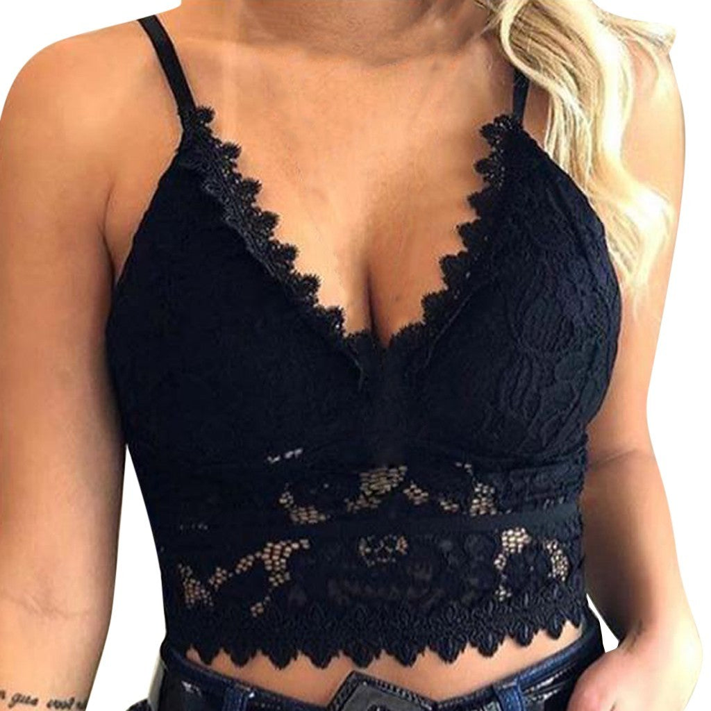 Sexy V-Neck Scalloped Lace Bralette Triangle Cup Bra with Openwork Lace
