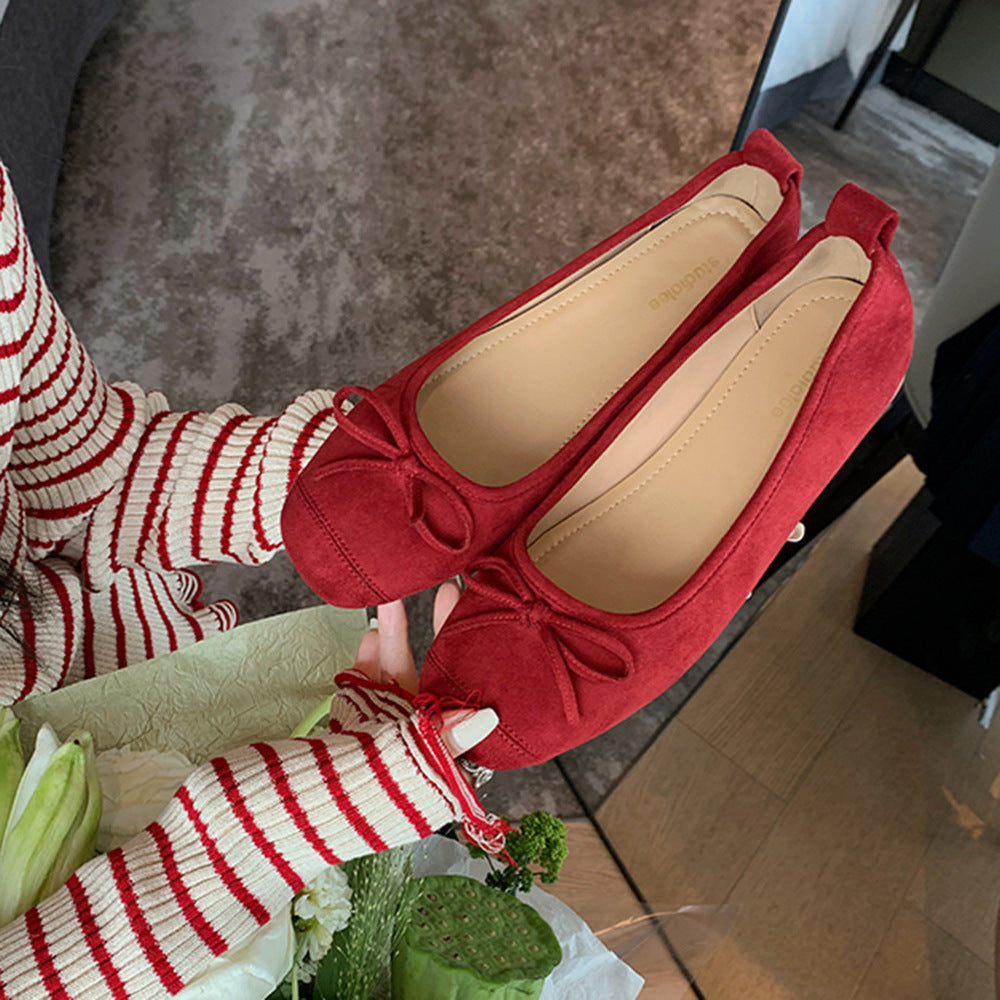 Round-toe Ballet-style Bowknot Soft Surface Low-cut Flat Shoes