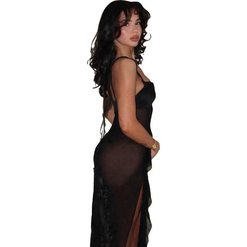 Sexy Black See-Through Spaghetti Strap Beach Cover-Up Dress Split Irregular Spaghetti-strap Dress
