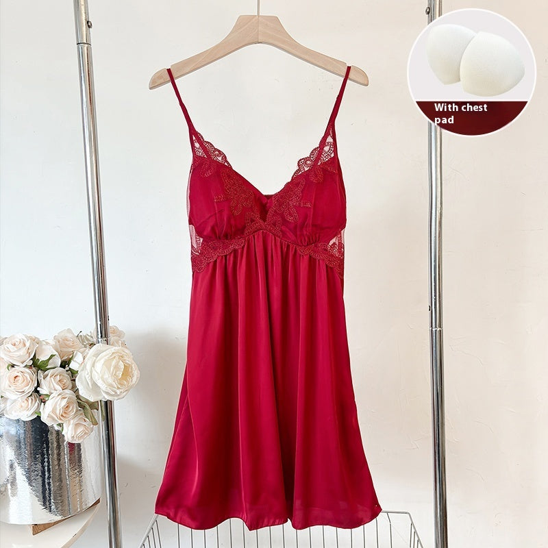 Slip Nightdress Ice Silk With Chest Pad For Women