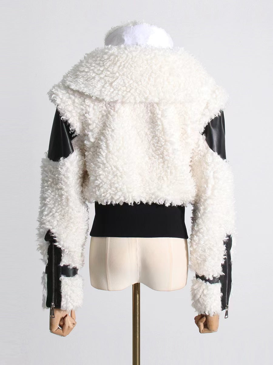 Lamb Wool Stitching PU Leather Zipper Jacket Women's