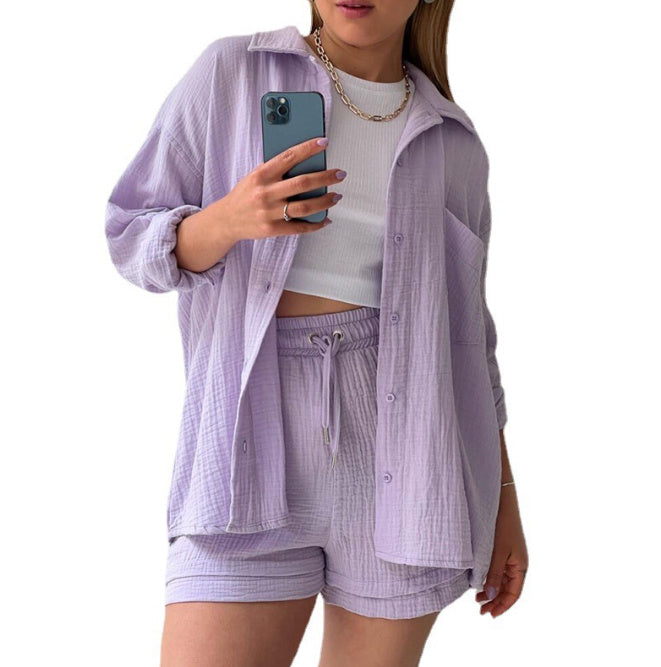 Wrinkled Fabric Lapel Long Sleeved Shirt Shorts Fashion Casual Set