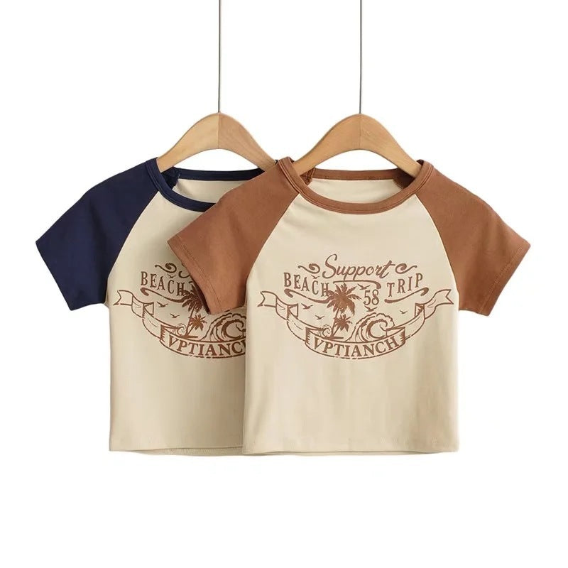 Women's Printed Letter Crop Short Sleeve T-Shirt