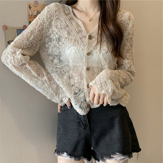 Whisper Lace Sheer Cardigan – Romantic Meets Modern Summer New Korean Loose Top Trend