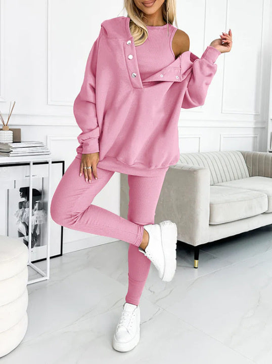 3-Piece Lounge Set – Cozy, Chic & Effortlessly Stylish For Women's Sports Suit Loose Hooded Pockets Sweatshirt And Vest And Slim Trousers