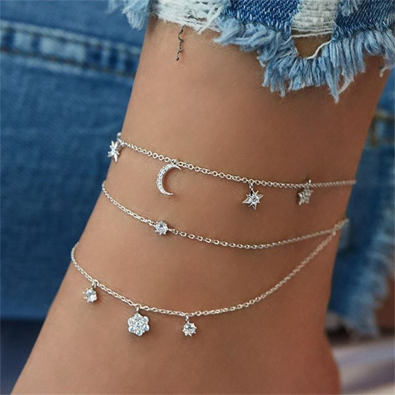 Celestial Layered Anklet – Moon & Star Charm Trio in Silver or Gold Fashion Jewelry Personality All-match Footwear