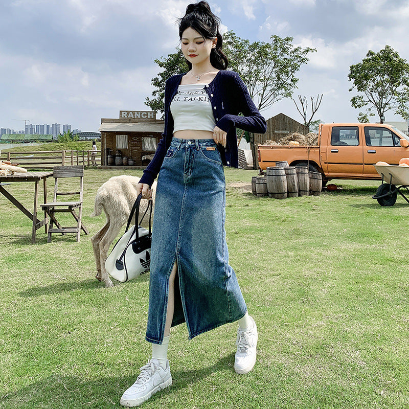 Front Slit High Waist Denim Skirt For Women