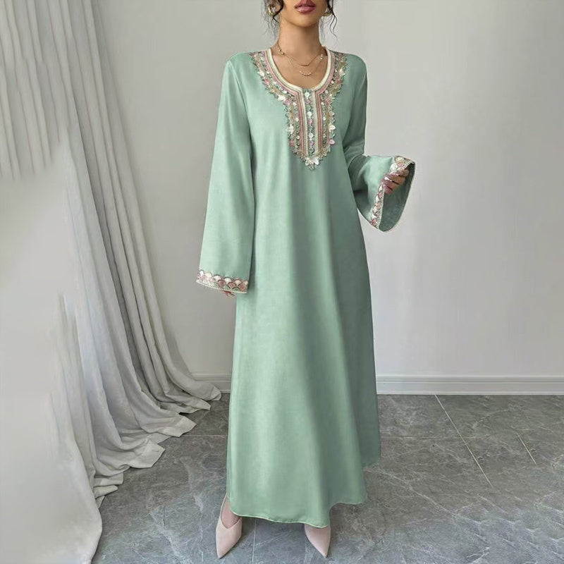 Middle Eastern Embroidered Maxi Dress - Round Neck Long Sleeve Flowy Kaftan With Exquisite Embroidery, Loose Fit