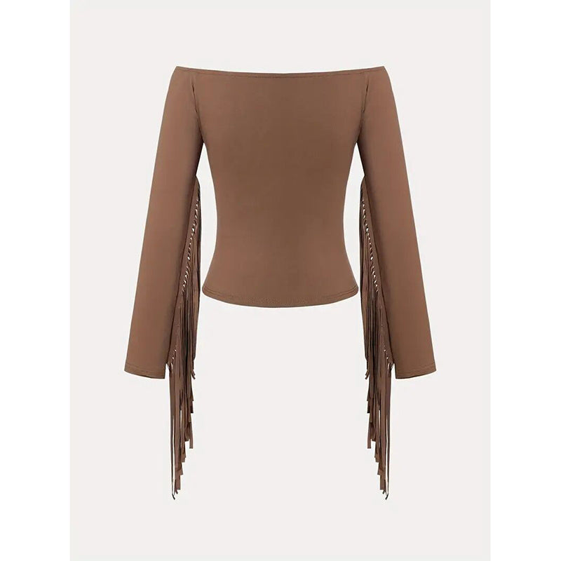 Western Cowgirl Off-Shoulder Fringe Top, Sexy Slim Fitted Long Sleeve Tassel Blouse