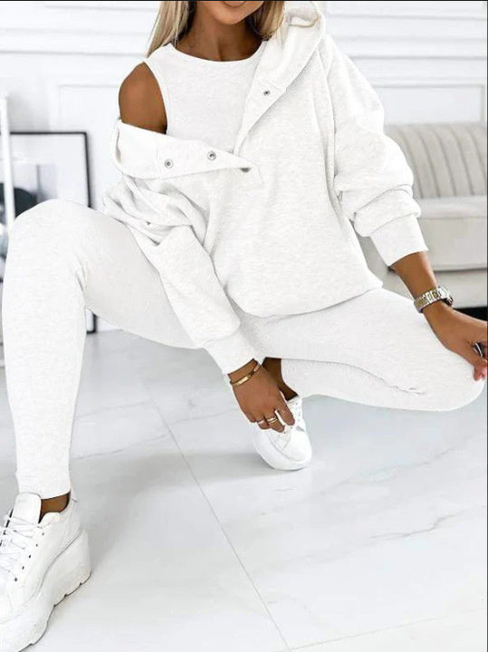 3-Piece Lounge Set – Cozy, Chic & Effortlessly Stylish For Women's Sports Suit Loose Hooded Pockets Sweatshirt And Vest And Slim Trousers