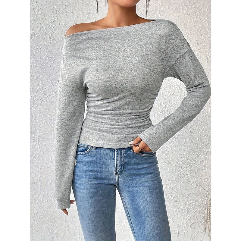 Off The Shoulder Tops Long Sleeve T Shirts Going Out Tops Casual Trendy Ruched Slim Fitted Tees
